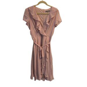 Danny & Nicole Polka Dot Ruffle Wrap Dress Size 14 Light Pink Short Sleeve Zips